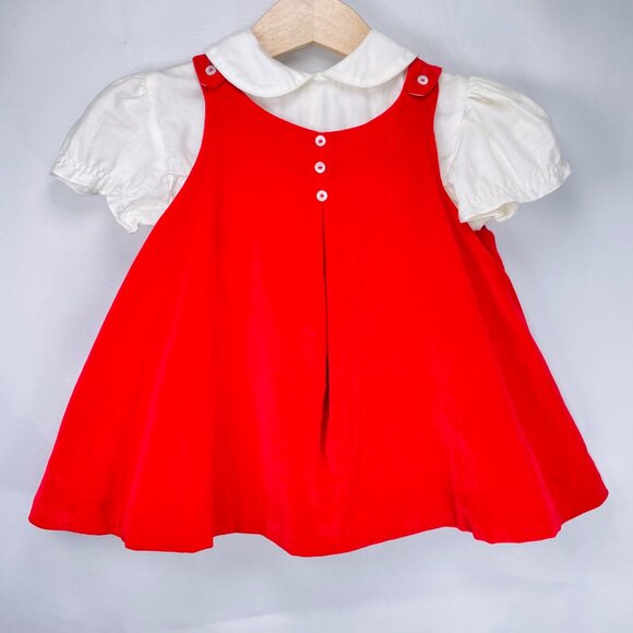 Vintage Baby Girl 2 Piece Red Velvet Dress + Puff Sleeve Shirt Outfit Set 12m - Picture 10 of 12